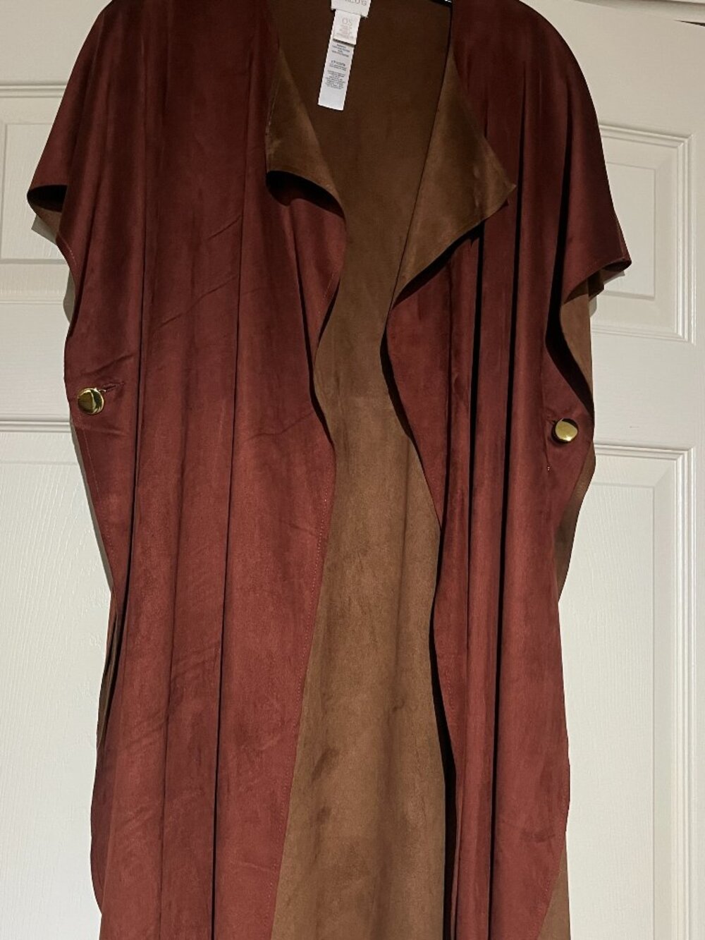 Chico's long faux suede open front vest w/side gold buttons Dark rust One size